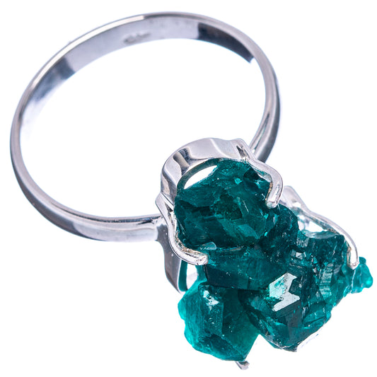 Sterling silver dioptase ring with teal gemstone cluster, faceted prong setting, band view