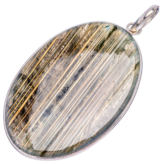 Oval labradorite pendant with silver-plated rim and loop bail, striped gemstone face
