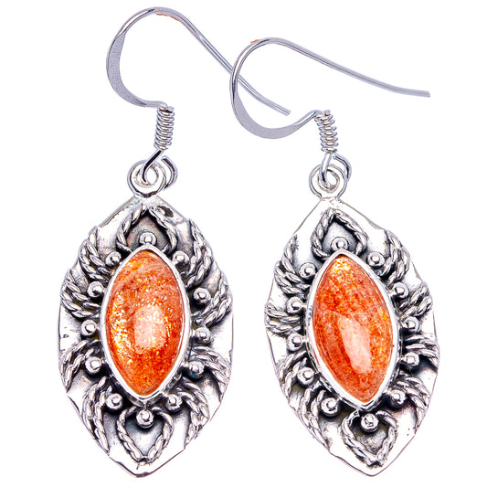 Sterling silver sunstone drop earrings, oval orange gemstone with ornate frame