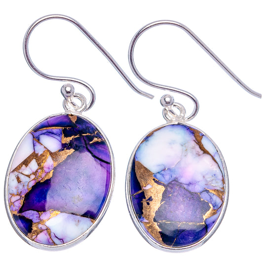 Oval purple-and-blue stone drop earrings, .925 sterling silver hooks with gold flecks