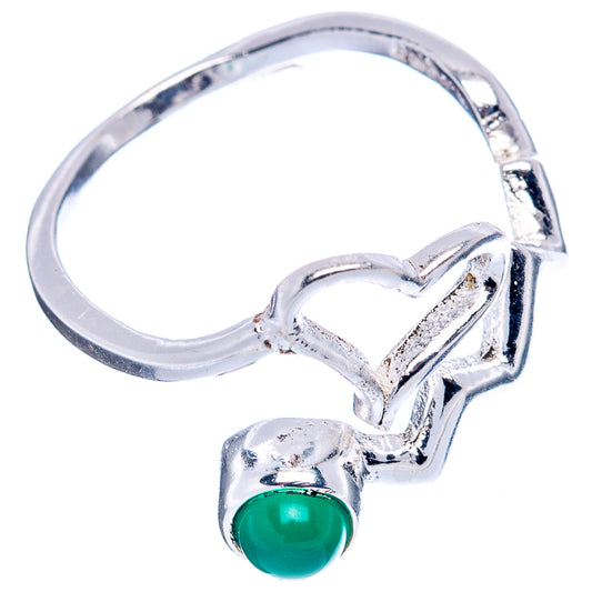 Adjustable sterling silver heart ring with green oval onyx stone, open band