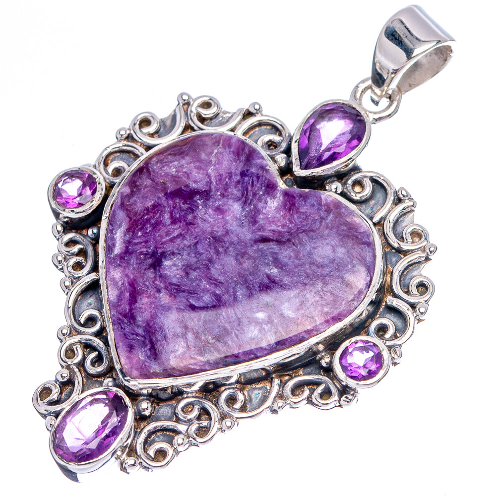 Signature Charoite Heart, Brazilian Amethyst Pendant 1 7/8" (.925 Sterling Silver)