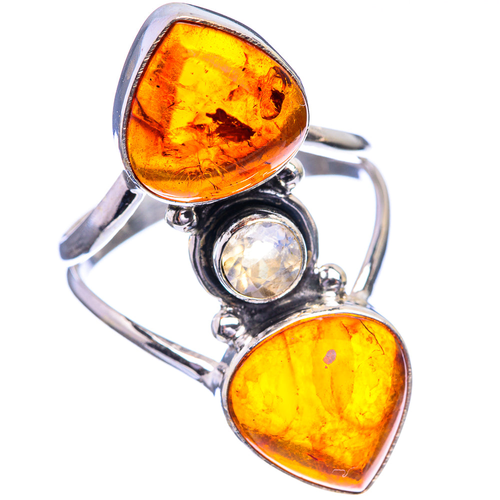 Large Baltic Amber, Rainbow Moonstone Ring Size 10.75 (925 Sterling Silver) R143181
