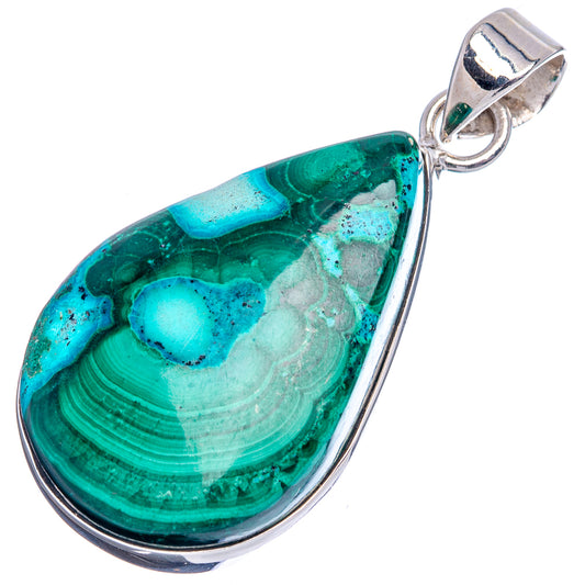 Teardrop malachite and chrysocolla pendant in .925 sterling silver bezel