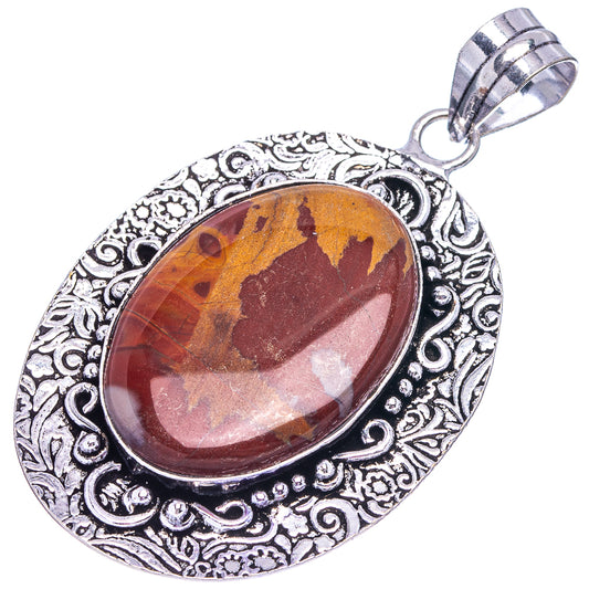Mookaite oval pendant, marbled red-brown cabochon in detailed German-silver setting