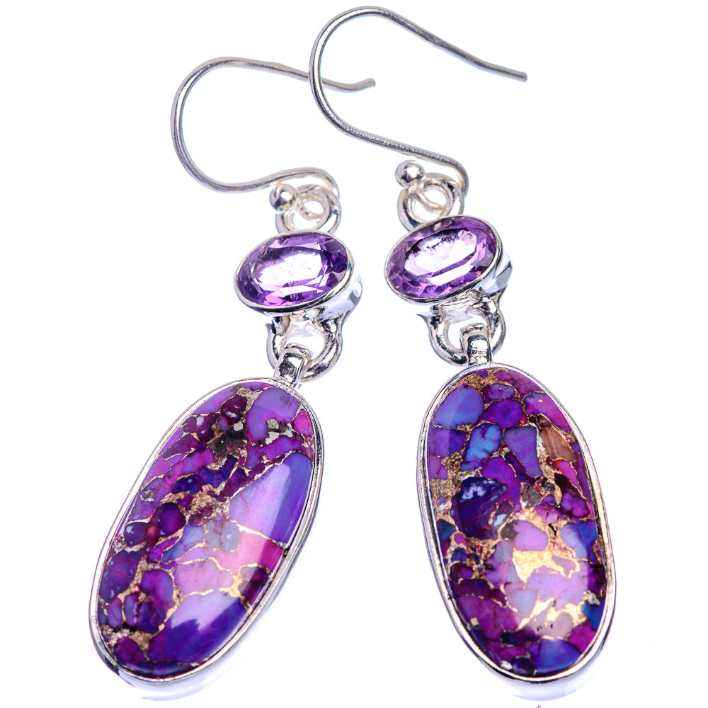 Silver-tone oval dangle earrings with amethyst purple top stones and purple mosaic cabochons