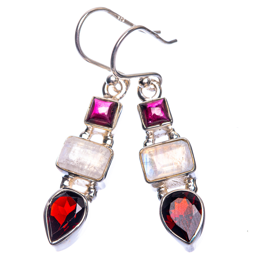 Rainbow Moonstone, Garnet Earrings 1 1/2" (925 Sterling Silver) E432465