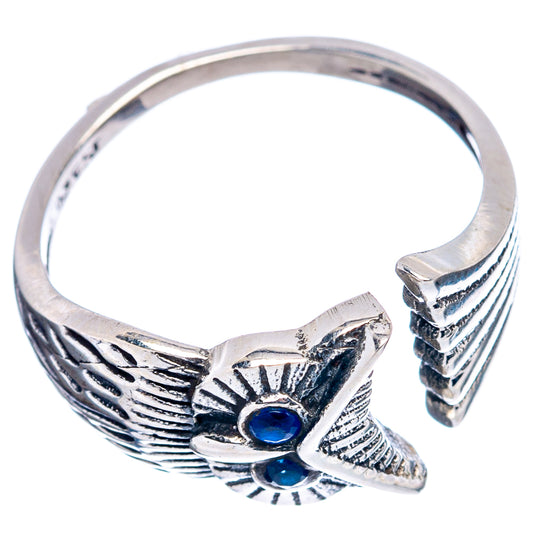 Sterling silver owl dainty ring with blue gemstone eyes, engraved wings