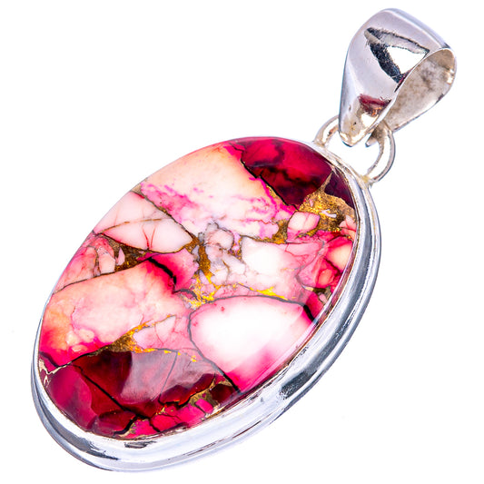 Oval gemstone pendant with red-pink veined stone and .925 sterling silver frame