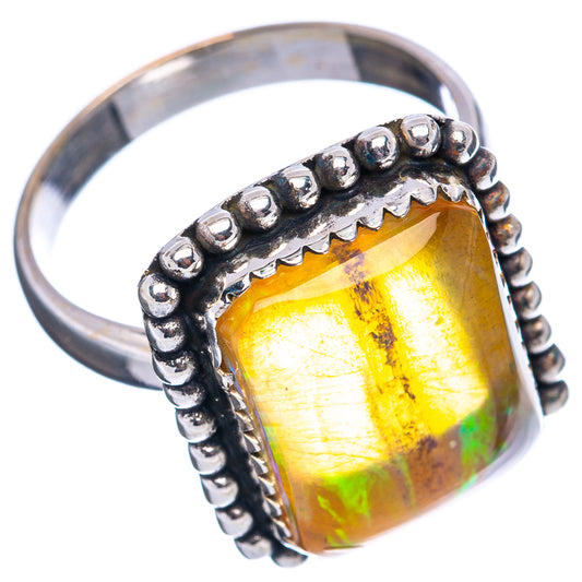 Sterling silver opal ring, beaded band with rainbow yellow-green rectangular stone