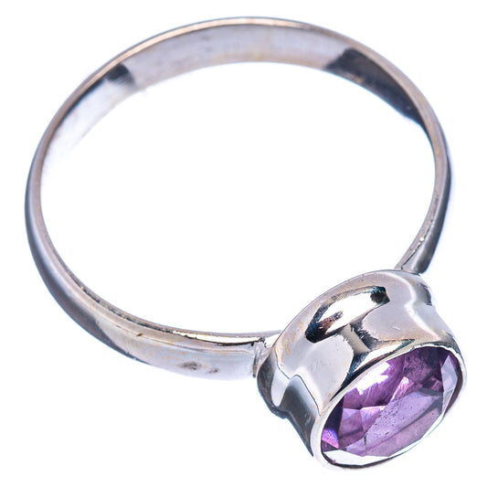 Faceted amethyst sterling silver ring, round purple gemstone on band, size 8.25