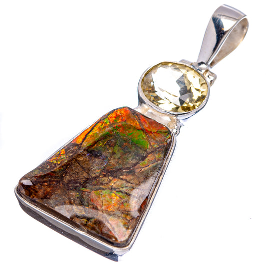 Sterling silver gemstone pendant with oval yellow stone and rectangular multicolor ammolite