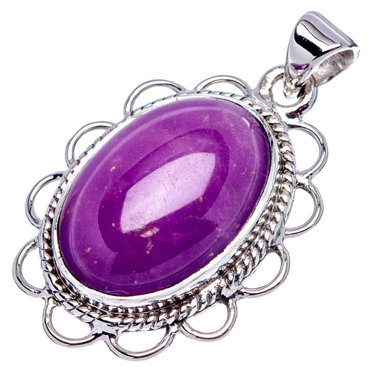 Purple oval gemstone pendant with raised bezel and looped silver border, .925 bail top.