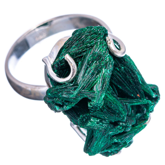 Raw malachite ring with bright green crystal cluster and sterling silver band