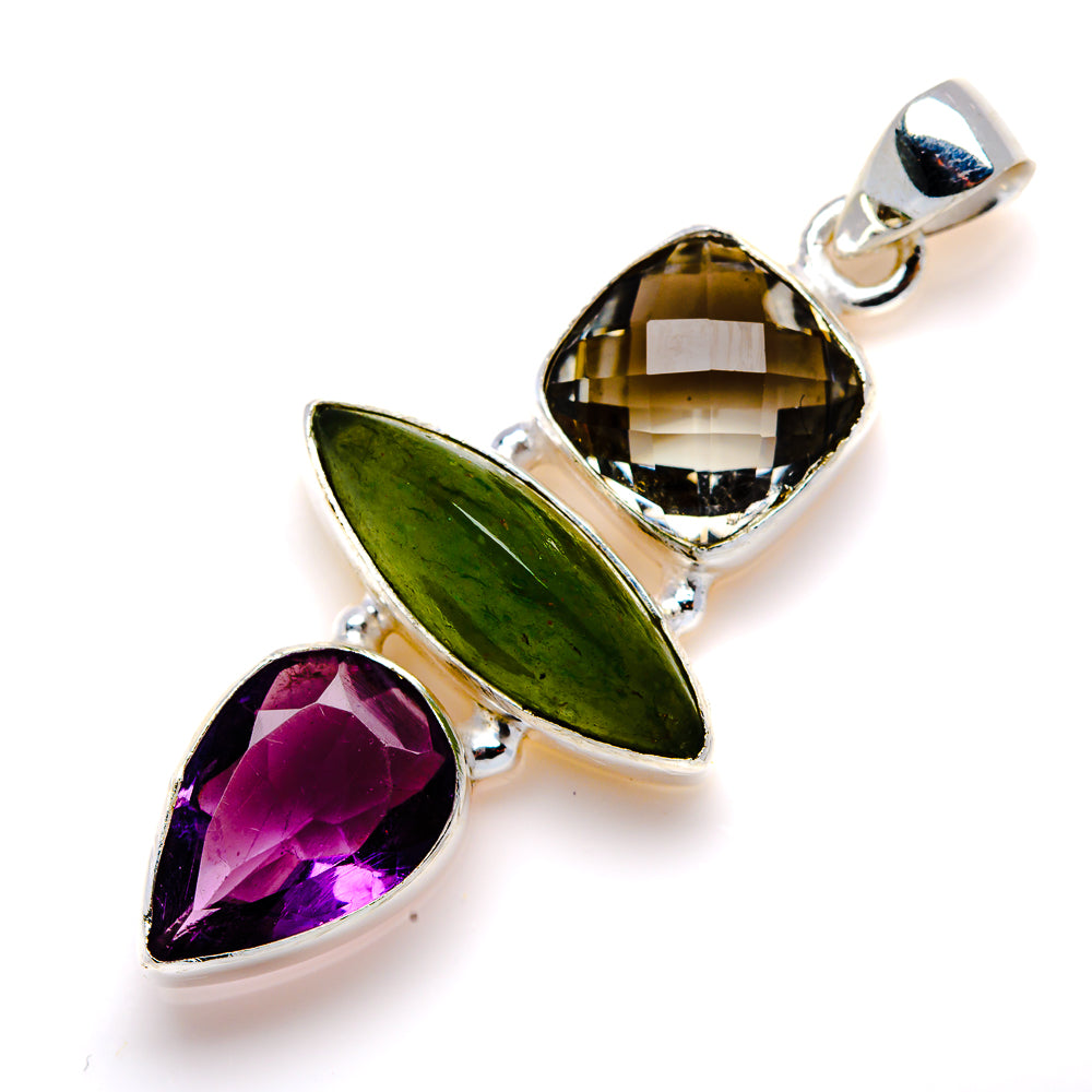 Tri-stone sterling silver pendant with green oval, dark purple pear, and golden cushion stone