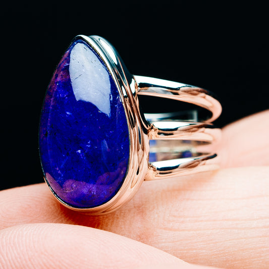 Sterling silver ring with teardrop blue Tanzanite gemstone, side view, size 6.75