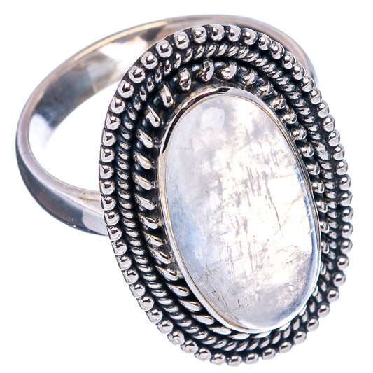 Sterling silver oval moonstone ring with beaded rope setting, side view with band
