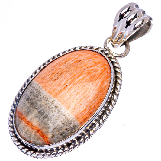 Oval celestobarite pendant, .925 sterling silver, orange-gray cabochon with rope bezel