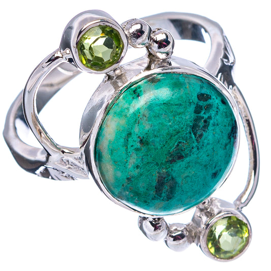 Sterling silver ring with oval green chrysocolla center and round green side gemstones