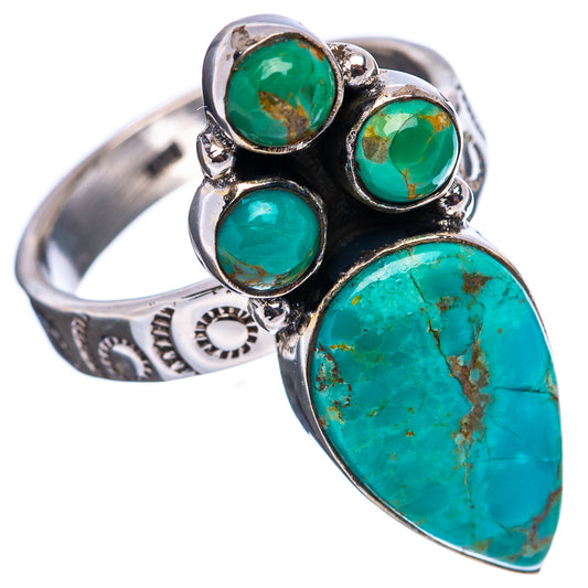 Turquoise .925 sterling silver ring with round stones, large teardrop, and engraved band