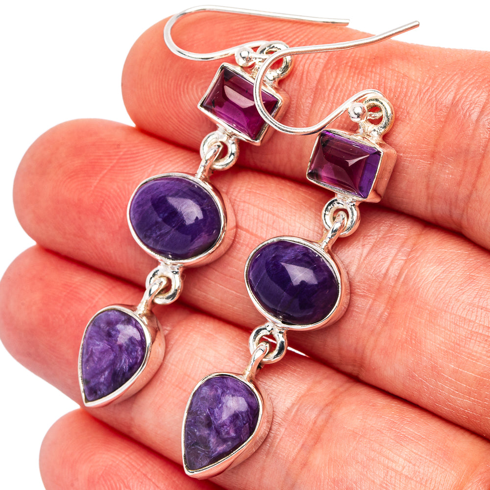 Premium Charoite, Amethyst Earrings 2 1/8" (.925 Sterling Silver)