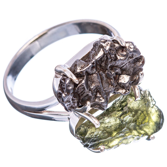 Sterling silver meteorite ring with dark rough stone and olive green side stone, pronged