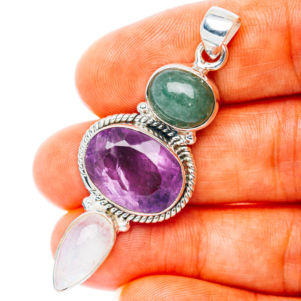 Multi-gem sterling silver pendant with purple amethyst and green, pale oval stones