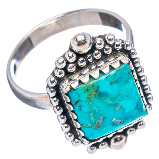 Turquoise square stone ring in .925 sterling silver with domed band and scalloped bezel