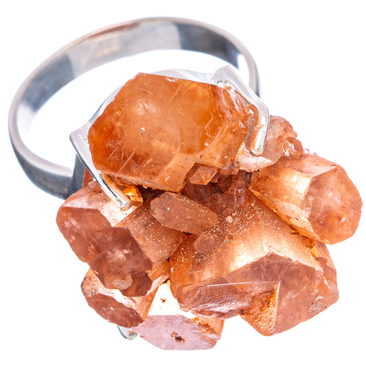 Orange aragonite statement ring, faceted crystal cluster on sterling silver band, size 8