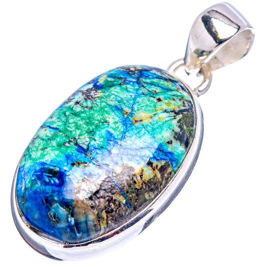 Sterling silver azurite pendant with oval blue-green stone in raised bezel