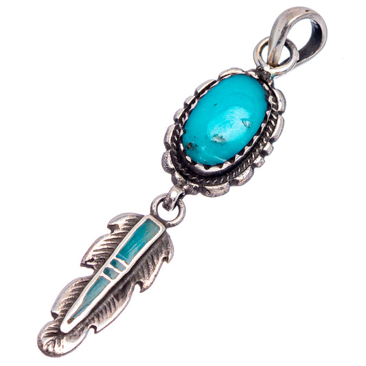 Turquoise oval pendant with feather dangle, rope-edge .925 sterling silver setting and bail