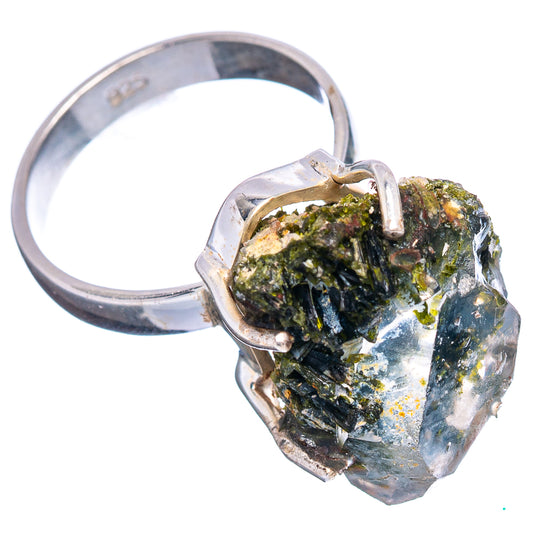 Raw epidote quartz ring, .925 sterling silver prong setting around rough dark green and black crystal