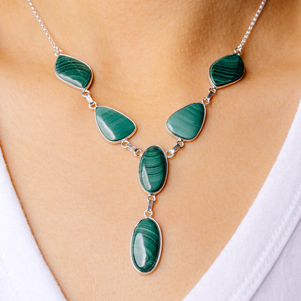 Malachite teardrop pendant necklace in sterling silver chain with green stone links