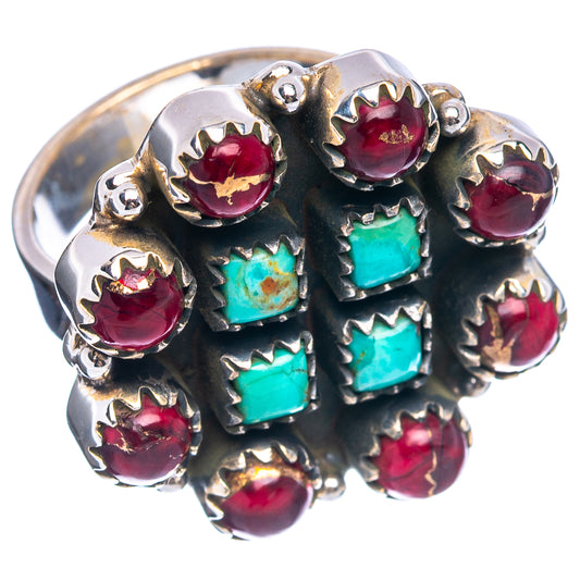 Sterling silver statement ring with red cabochons and turquoise square stones