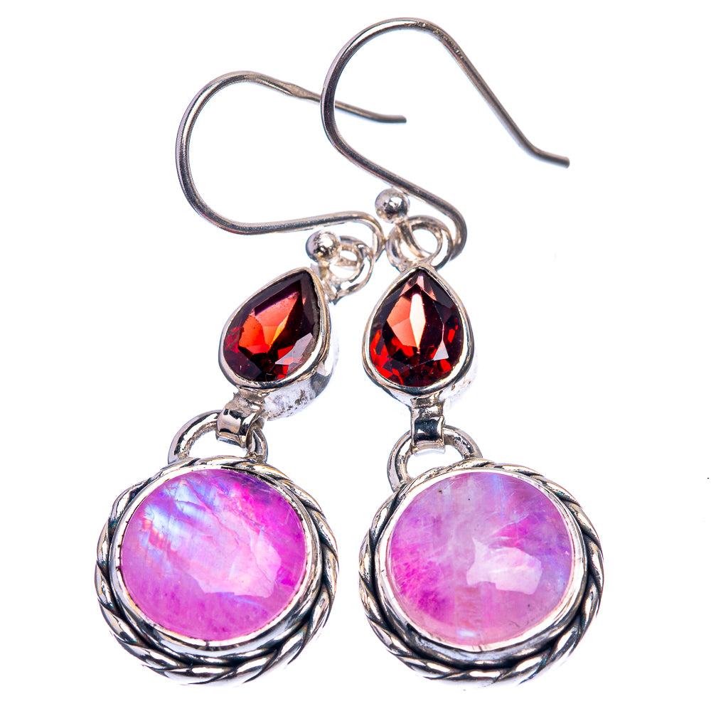 Pink Moonstone, Garnet Earrings 1 5/8" (925 Sterling Silver) E432420