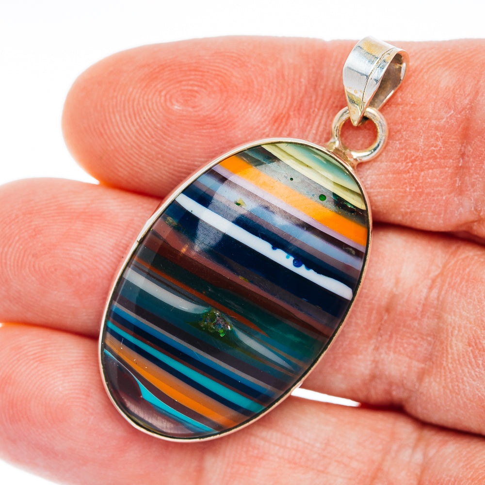 Sterling silver surfite pendant with round teardrop stone, multicolor striped inlays
