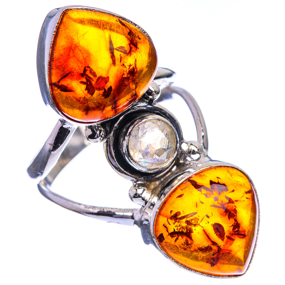 Large Baltic Amber, Rainbow Moonstone Ring Size 7 (925 Sterling Silver) R143200