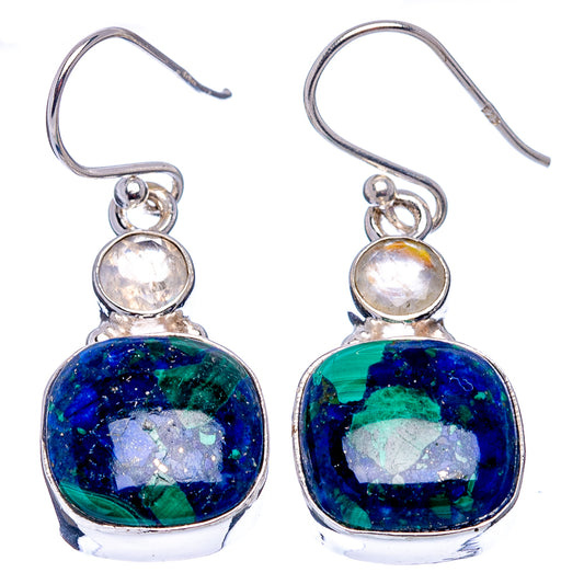 Blue-green oval gemstone drop earrings with small round top accents and silver hooks