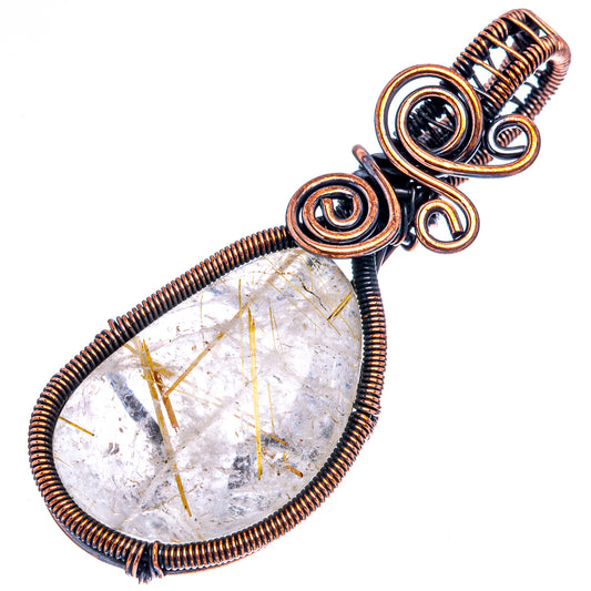 Oxidized copper wire-wrapped teardrop quartz pendant with gold needle inclusions