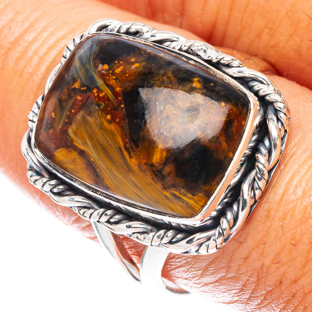 925 sterling silver oval pietersite ring with rope-texture bezel and amber bands