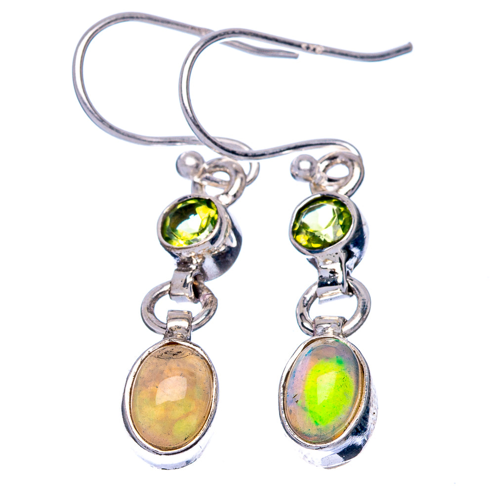 Silver leverback earrings with green peridot round stones and rainbow opal drops