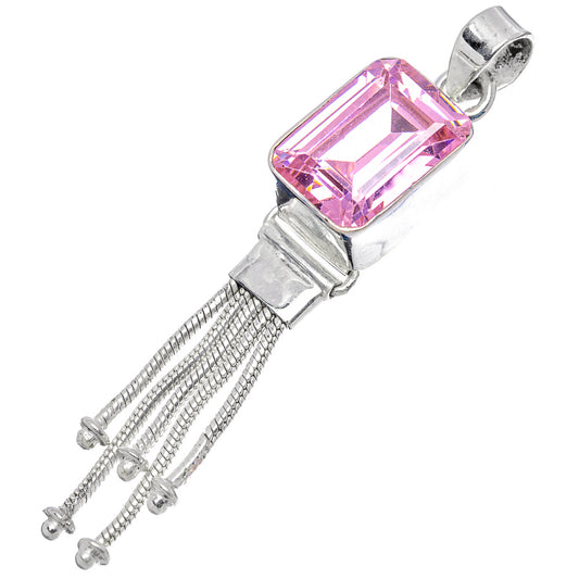 Sterling silver pink quartz pendant with rectangular pink stone and tassel bail chains