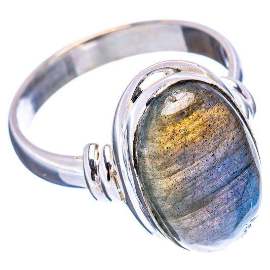 Oval labradorite sterling silver ring with raised bezel, side view, size 8