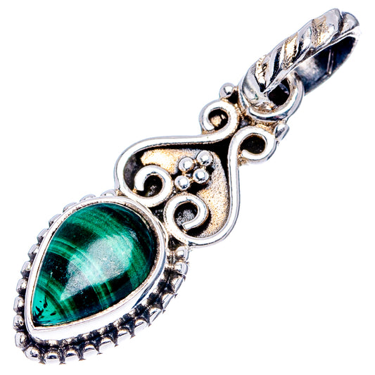 Oval green malachite stone pendant with .925 sterling silver scalloped bezel and bail