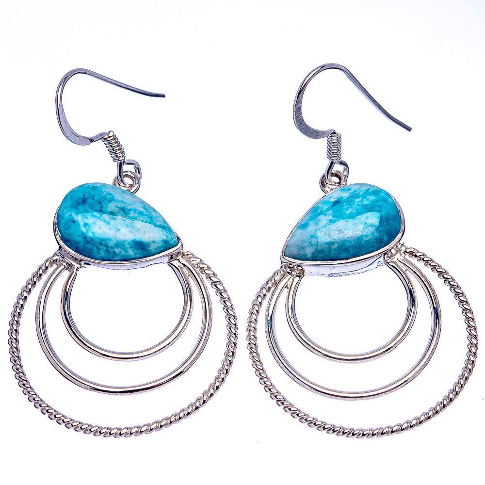 Sterling silver larimar drop earrings with oval blue stone and hoop-and-chain dangle
