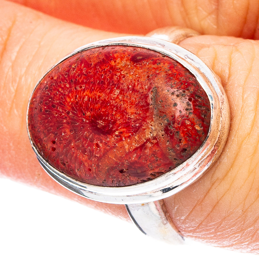 Sponge coral cabochon sterling silver ring with oval red and dark stone in bezel