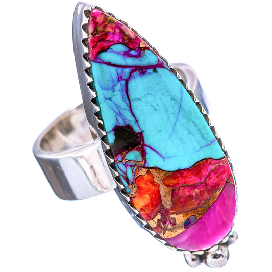 Oval turquoise and pink gemstone inlay ring in .925 sterling silver with metal prongs
