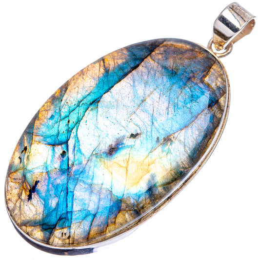 Oval labradorite pendant with blue, white, and gold tones in .925 sterling silver