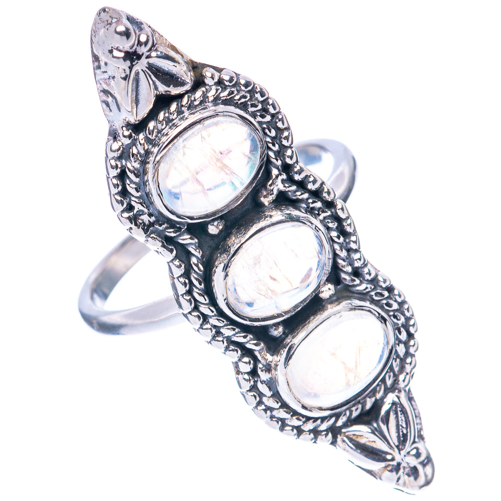 Sterling silver moonstone ring with three oval opalescent stones, ornate gallery