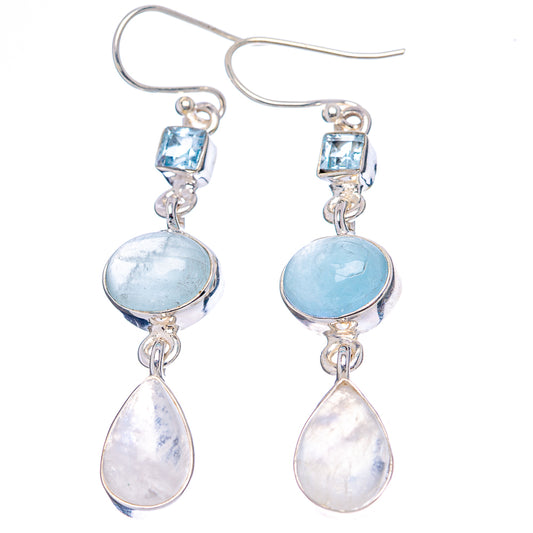 Sterling silver drop earrings with blue square stones and oval teardrop moonstone drops